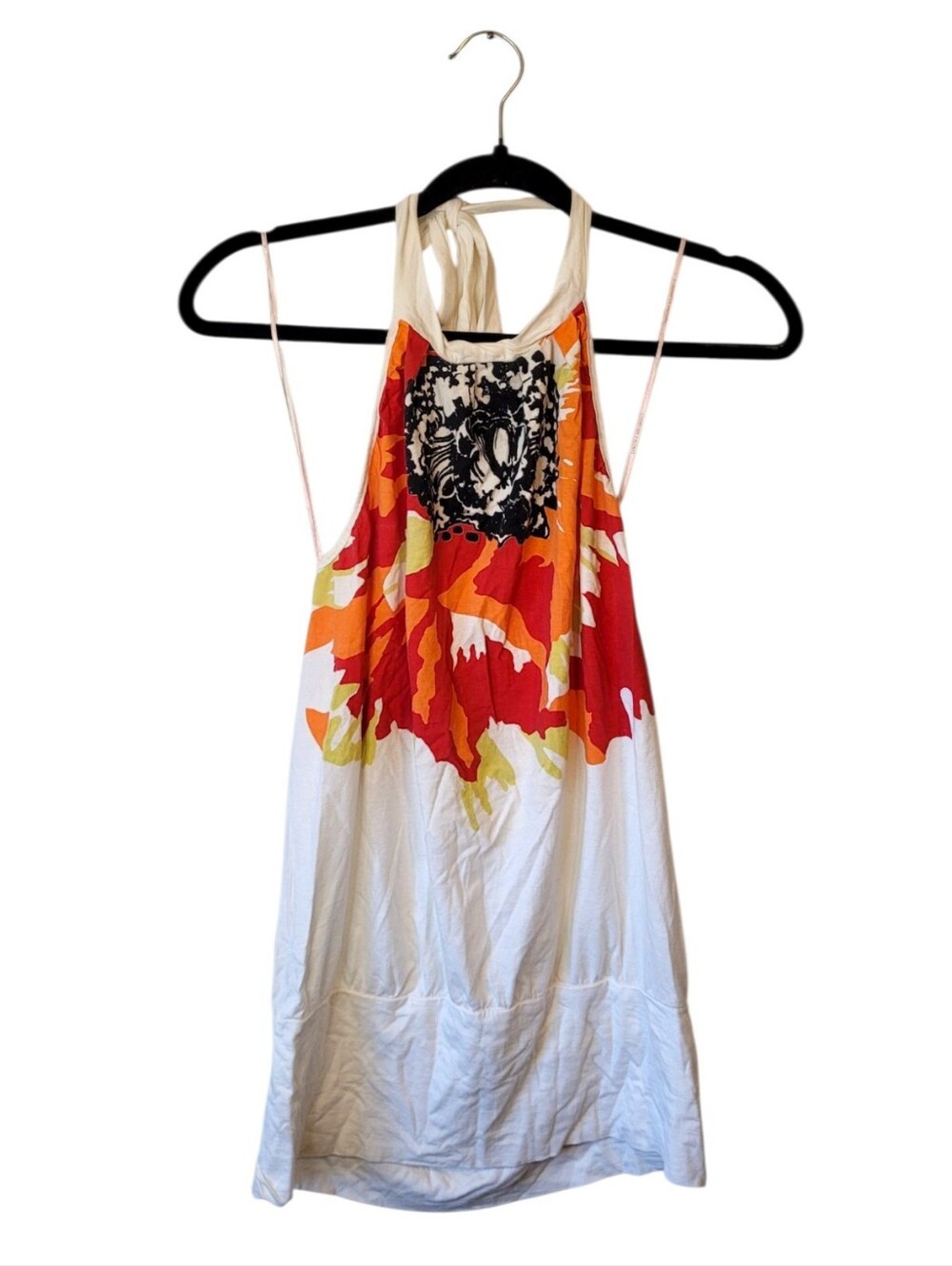 Vintage Y2K Language White Halter Camisole with Red and Orange Floral Print SZ M